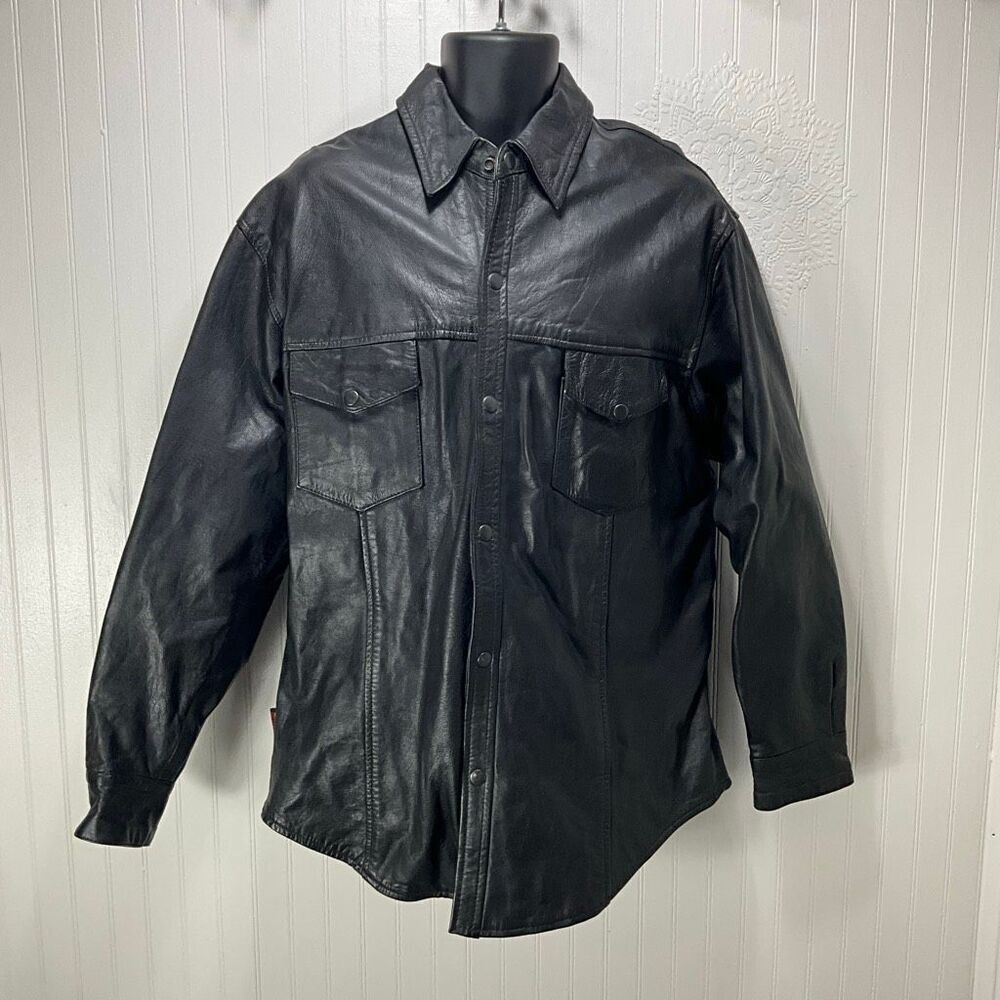 HOT LEATHERS Motorcycle Black Leather Biker Shirt